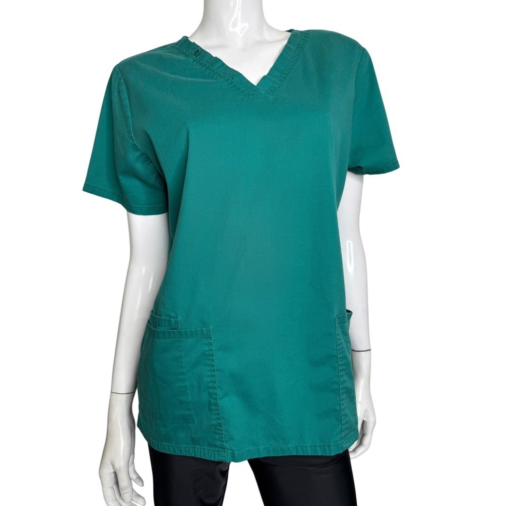 Cherokee Workwear Women Teal Green V-Neck Scrub Top Short Sleeve‎ Pockets L